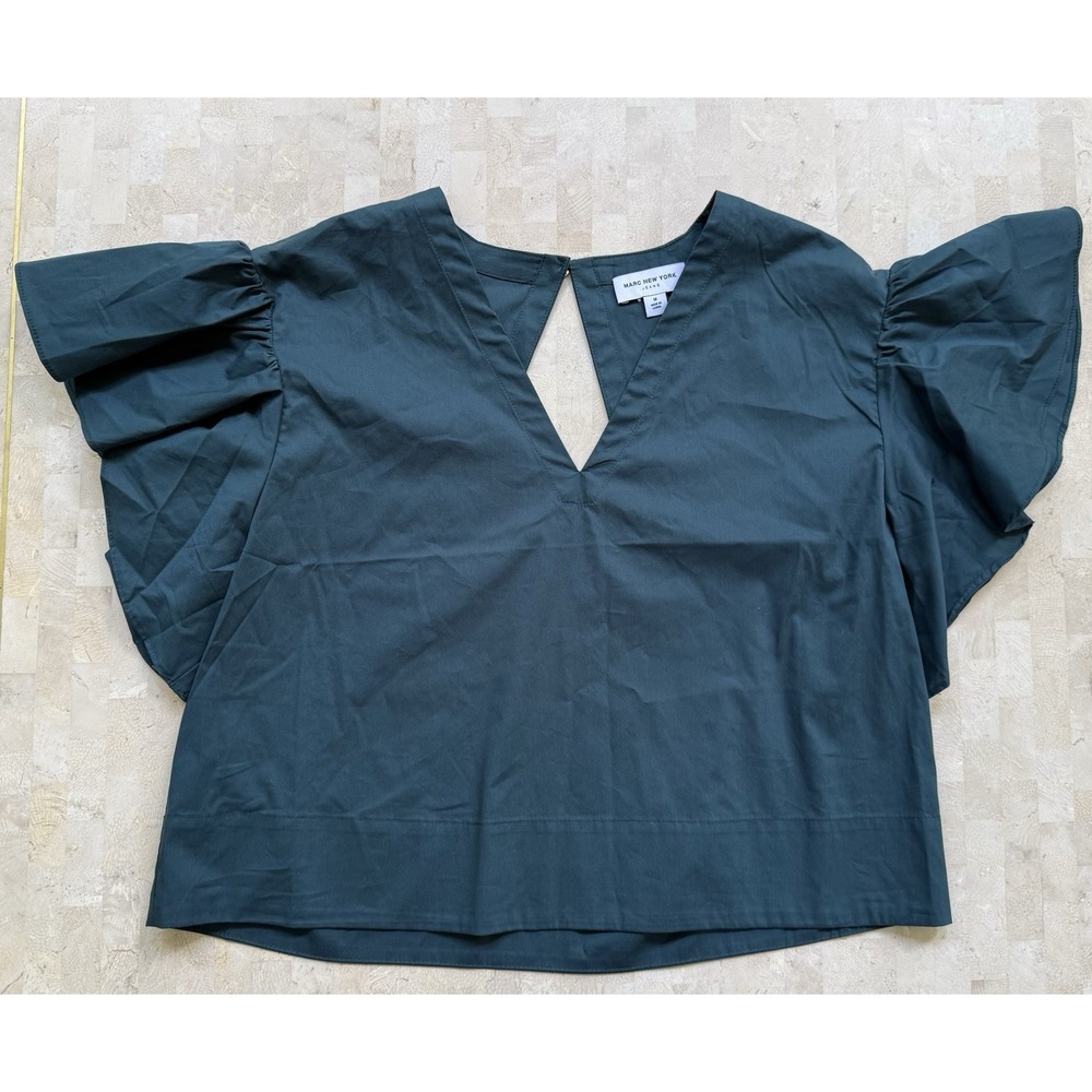 Marc New York Blouse Womens Medium Green Flutter Sleeve Crop Keyhole Top Shirt